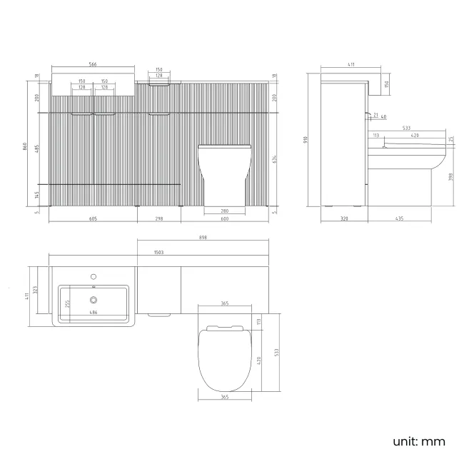 Sicily Fluted Black Walnut Combination Vanity Basin and Miami Toilet 1500mm - Brushed Brass Accents