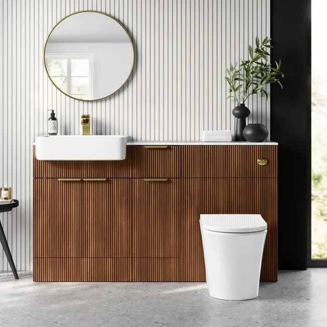 Sicily Fluted Black Walnut Combination Vanity Basin with Marble Top & Tucson Toilet 1500mm - Brushed Brass Accents