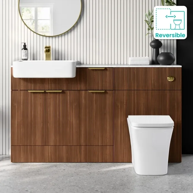 Sicily Fluted Black Walnut Combination Vanity Basin with Marble Top & Houston Toilet 1500mm - Brushed Brass Accents
