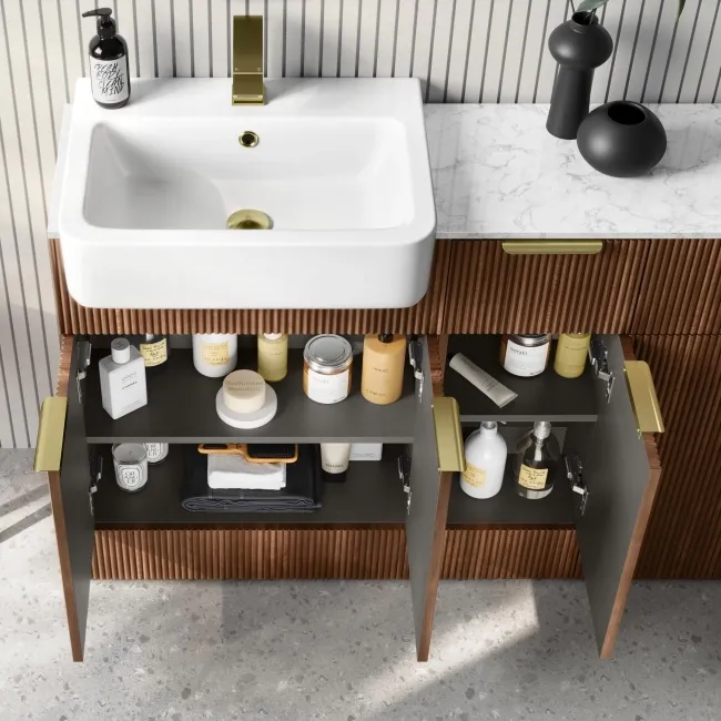 Sicily Fluted Black Walnut Combination Vanity Basin with Marble Top & Utah Comfort Height Toilet 1500mm - Brushed Brass Accents