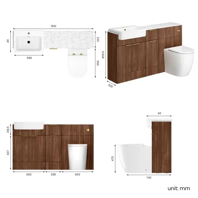 Sicily Fluted Black Walnut Combination Vanity Basin with Marble Top & Utah Comfort Height Toilet 1500mm - Brushed Brass Accents
