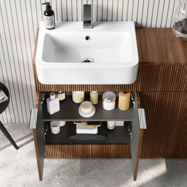 Sicily Fluted Black Walnut Combination Vanity Basin and Aruba Toilet 1200mm - Chrome Handles