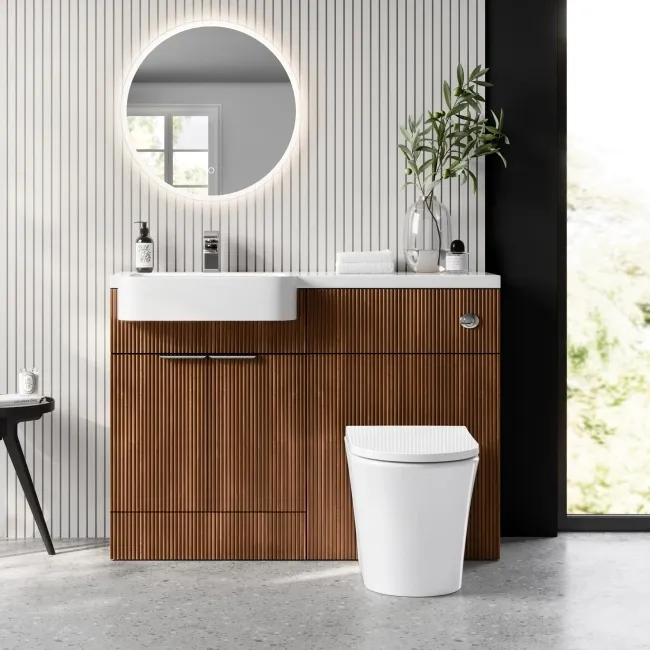 Sicily Fluted Black Walnut Combination Vanity Basin and Tucson Toilet 1200mm - Chrome Handles - Left Handed