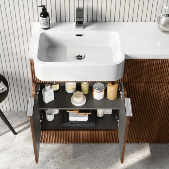 Sicily Fluted Black Walnut Combination Vanity Basin and Tucson Toilet 1200mm - Chrome Handles - Left Handed