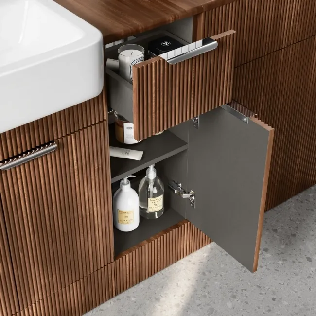 Sicily Fluted Black Walnut Combination Vanity Basin 1500mm (Excludes Toilet) - Chrome Handles