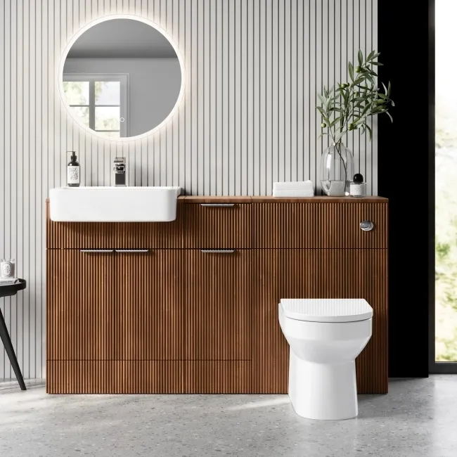 Sicily Fluted Black Walnut Combination Vanity Basin and Miami Toilet 1500mm - Chrome Handles