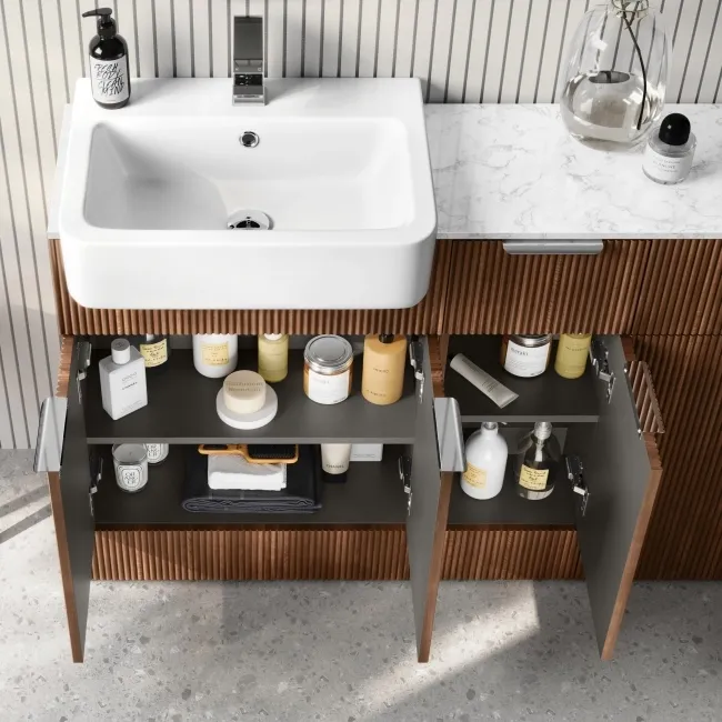 Sicily Fluted Black Walnut Combination Vanity Basin with Marble Top & Tucson Toilet 1500mm - Chrome Handles