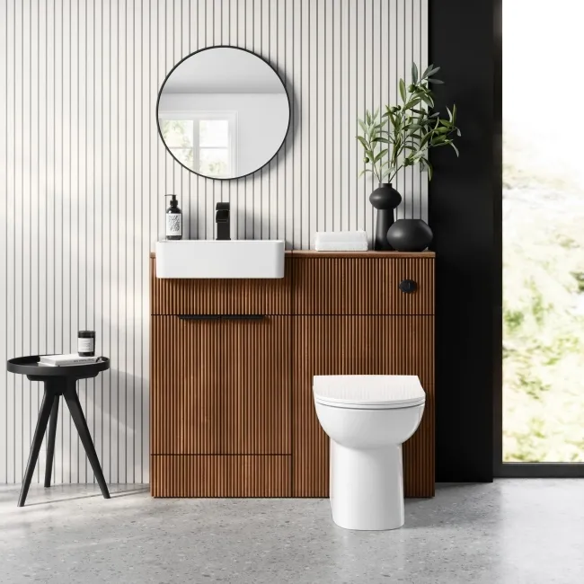 Sicily Fluted Black Walnut Combination Vanity Basin and Aruba Toilet 1000mm - Black Accents