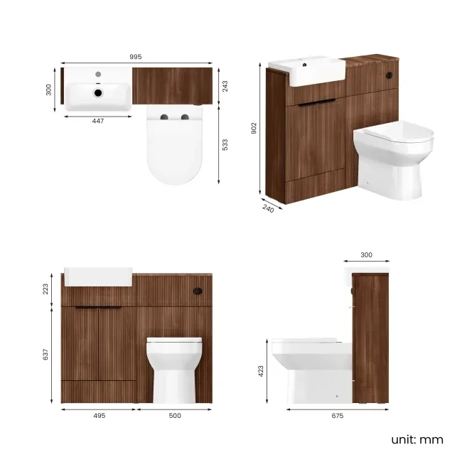 Sicily Fluted Black Walnut Combination Vanity Basin and Miami Toilet 1000mm - Black Accents