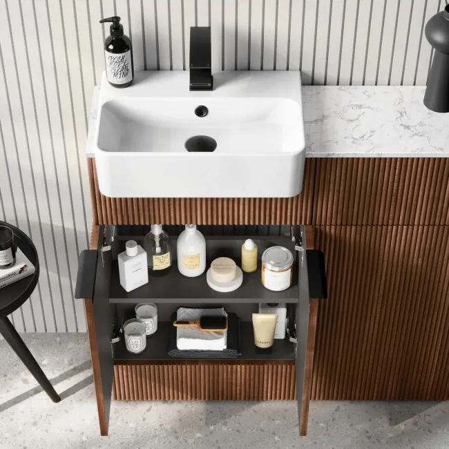 Sicily Fluted Black Walnut Combination Vanity Basin with Marble Top & Houston Toilet 1000mm - Black Accents