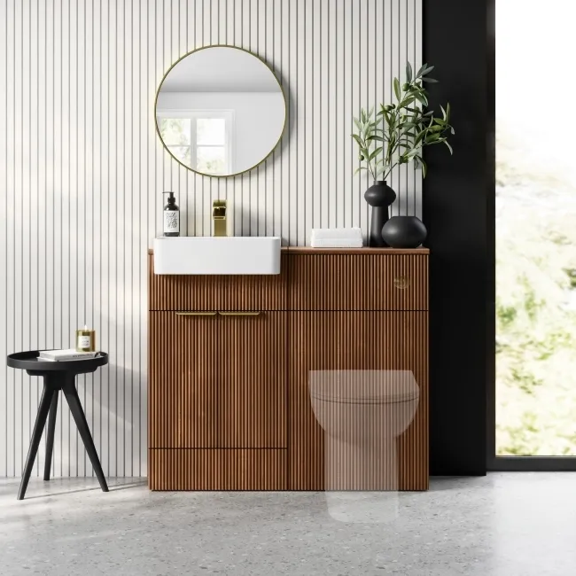 Sicily Fluted Black Walnut Vanity and Back To Wall Toilet Unit 1000mm (Excludes Toilet) - Brushed Brass Accents