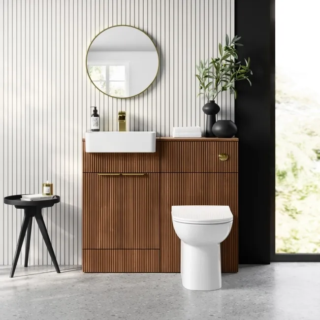 Sicily Fluted Black Walnut Combination Vanity Basin and Aruba Toilet 1000mm - Brushed Brass Accents