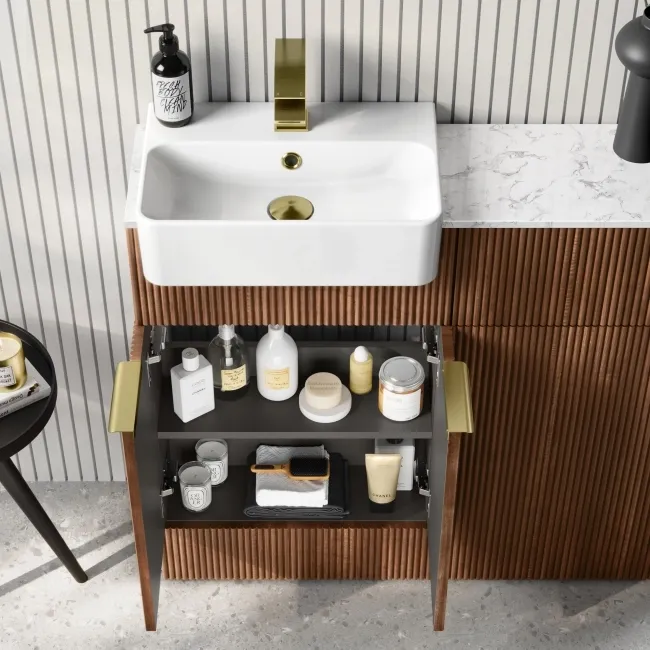 Sicily Fluted Black Walnut Combination Vanity Basin with Marble Top & Tucson Toilet 1000mm - Brushed Brass Accents