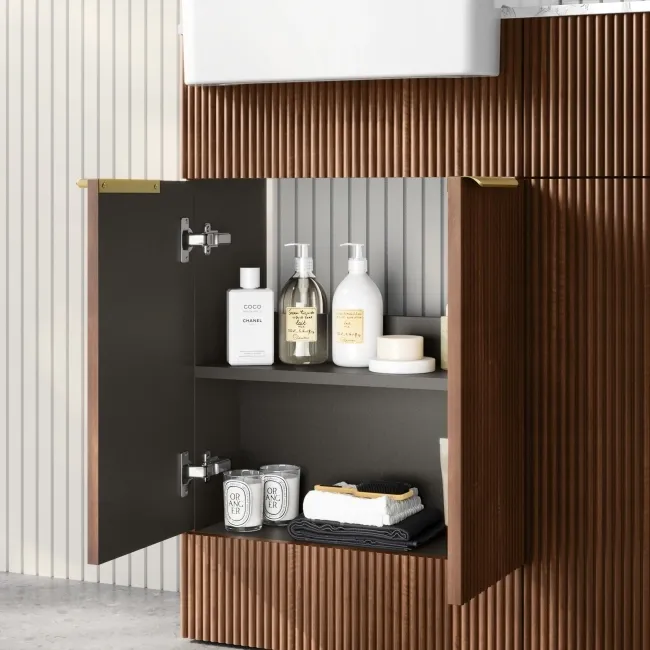 Sicily Fluted Black Walnut Combination Vanity Basin with Marble Top & Houston Toilet 1000mm - Brushed Brass Accents