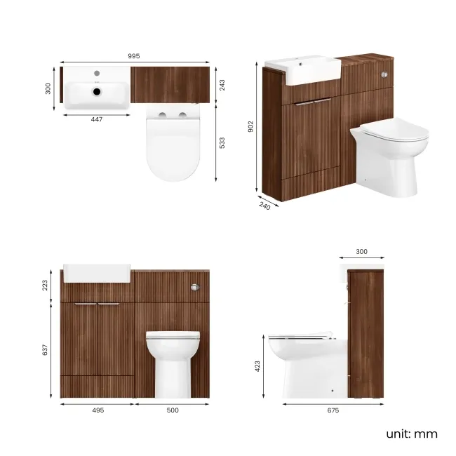 Sicily Fluted Black Walnut Combination Vanity Basin and Aruba Toilet 1000mm - Chrome Handles