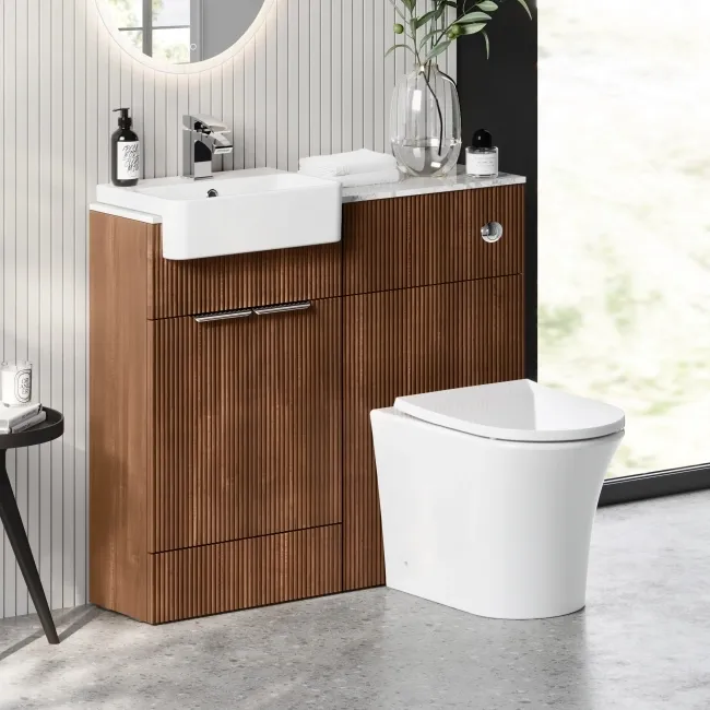 Sicily Fluted Black Walnut Combination Vanity Basin with Marble Top & Tucson Toilet 1000mm - Chrome Handles