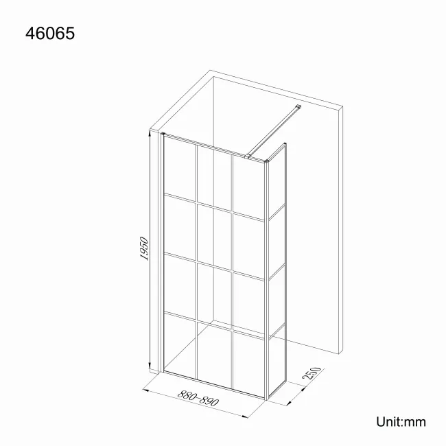 Munich Matt Black Grid 8mm Wet Room Shower Glass 900mm & 250mm Return Panel