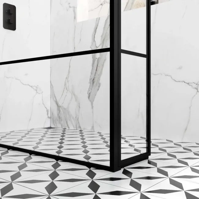 Munich Matt Black Grid 8mm Walk In Shower Enclosure 800mm & 800mm Glass with Pivotal Return Panel