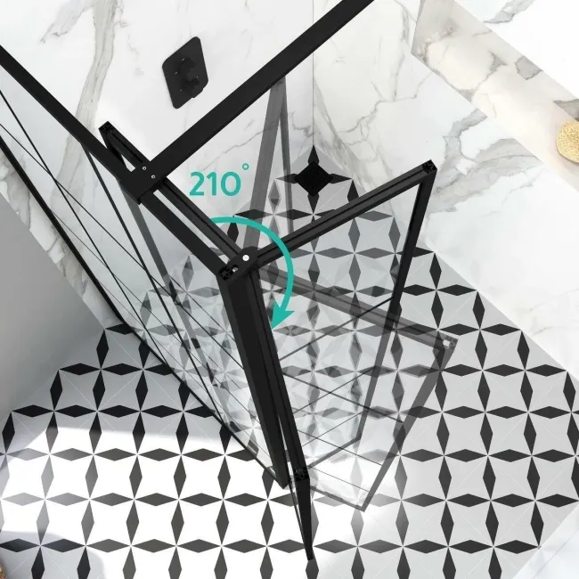 Munich Matt Black Grid 8mm Walk In Shower Enclosure 900mm & 700mm Glass with Pivotal Return Panel