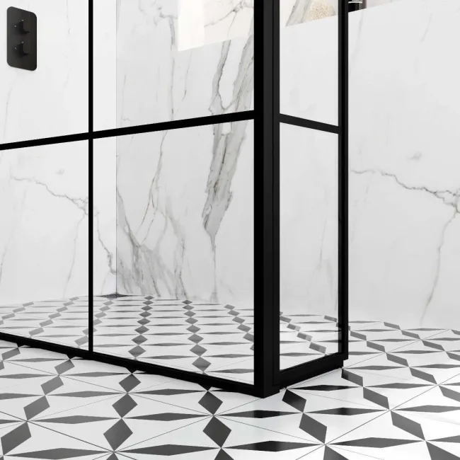 Munich Matt Black Grid 8mm Walk In Shower Enclosure 1200mm & 800mm Glass with Pivotal Return Panel