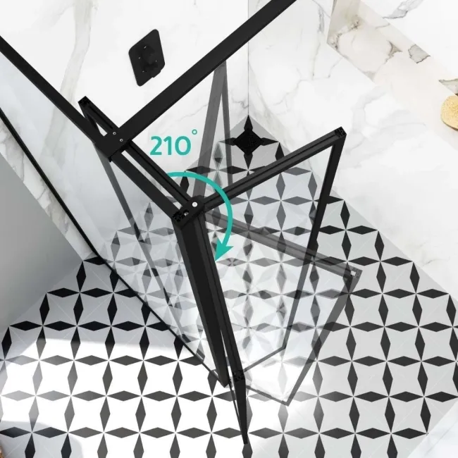 Munich Matt Black Framed 8mm Walk In Shower Enclosure 1200mm & 700mm Glass with Pivotal Return Panel