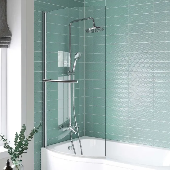 P Shaped 1600 Shower Bath with Front Panel & 4mm Screen with Rail - Left Handed