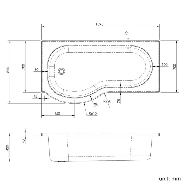 P Shaped 1600 Shower Bath with Front Panel & 4mm Screen with Rail - Left Handed