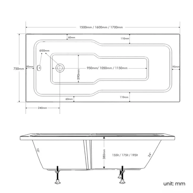 Dover 1600x750 Keyhole Shower Bath & 6mm Easy Clean Screen with Rail
