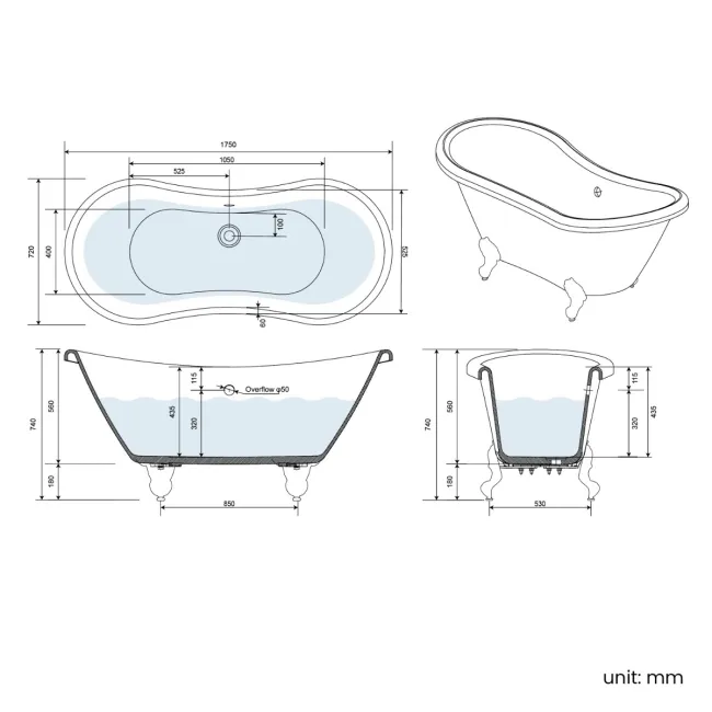 Tonbridge 1750mm Roll Top Bath - Brushed Brass Ball Feet