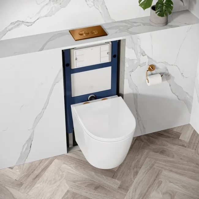Idaho Pneumatic Top & Front Compact Wall Hung Toilet Frame and Concealed Cistern with Brushed Copper Flush Plate - Round Buttons