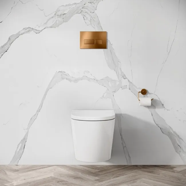 Idaho Pneumatic Wall Hung Toilet Frame and Concealed Cistern with Brushed Copper Flush Plate - Square Buttons