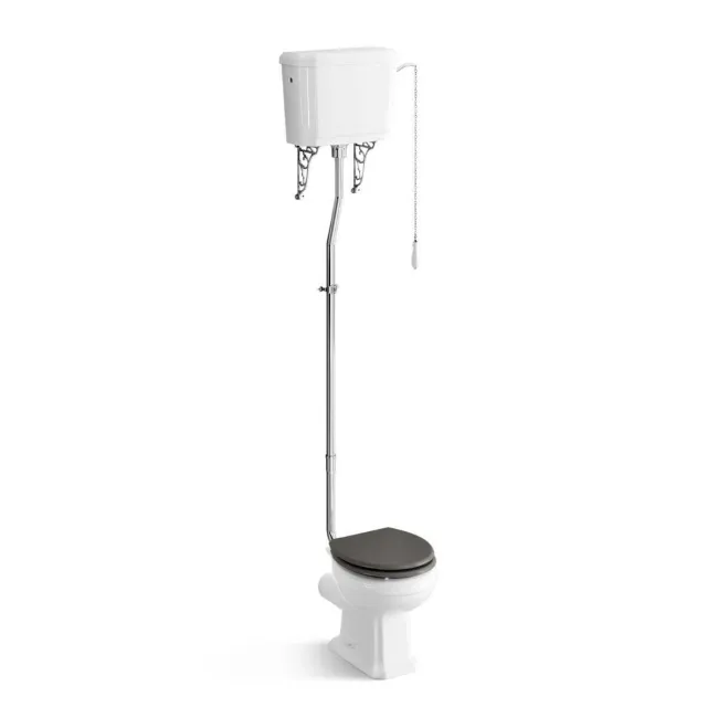Hudson Traditional Toilet With High-Level Cistern and Graphite Grey Wooden Seat
