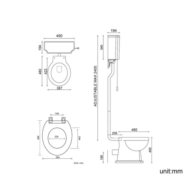 Hudson Traditional Toilet With High-Level Cistern and Graphite Grey Wooden Seat