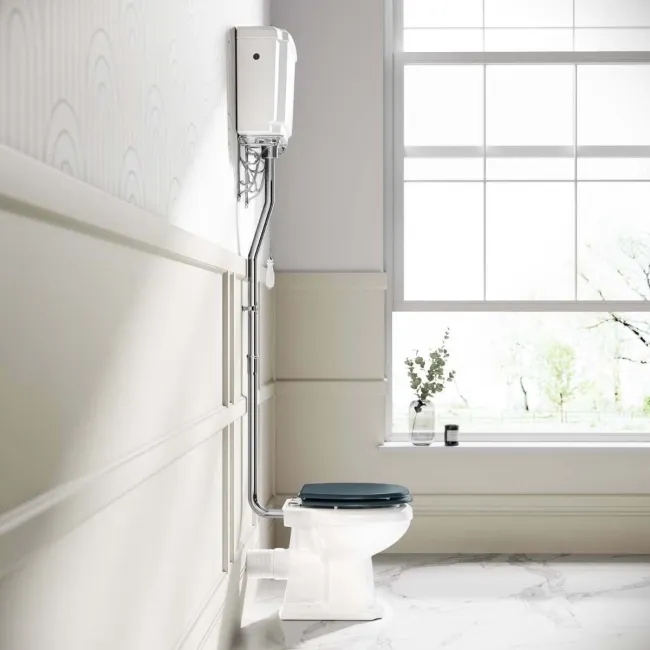 Hudson Traditional Toilet With High-Level Cistern and Inky Blue Wooden Seat