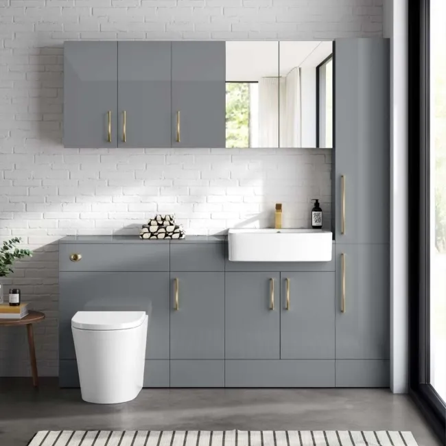 Harper Stone Grey Wall Hung Cabinet 600x300mm - Brushed Brass Accents