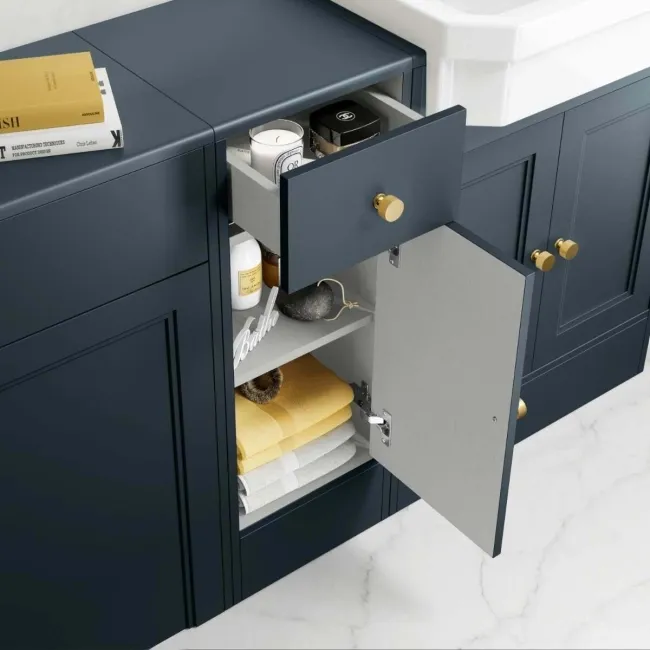 Monaco Inky Blue Side Cabinet Unit 300mm - Brushed Brass Accents