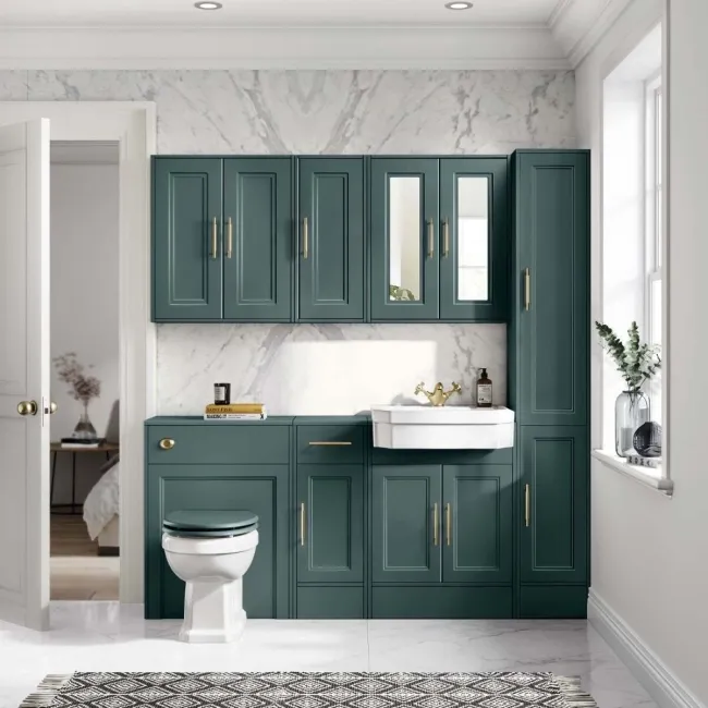 Midnight Green Wall Hung Mirror Cabinet 700x600mm - Brass Knurled Handles