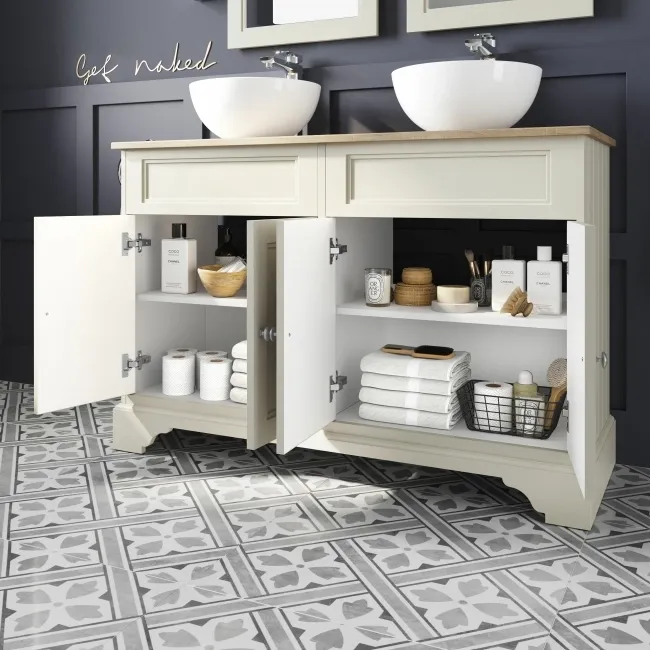 Lucia Chalk White Double Vanity With Oak Effect Top & Round Counter Top Basin 1200mm