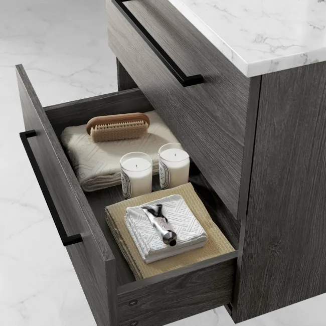 Elba Charcoal Elm Wall Hung Drawer Vanity with Marble Top & Oval Counter Top Basin 600mm - Black Accents