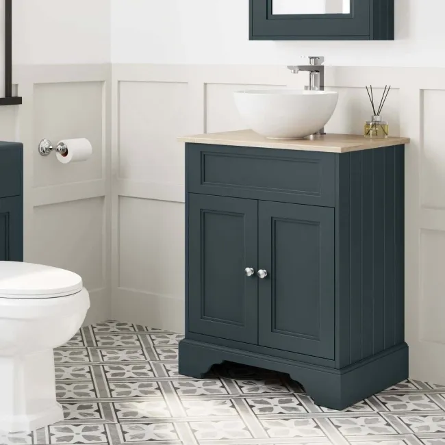 Lucia Inky Blue Vanity with Oak Effect Top & Round Counter Top Basin 640mm