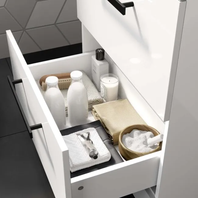 Avon Gloss White Vanity Drawer with Marble Top & Curved Counter Top Basin 600mm - Black Accents
