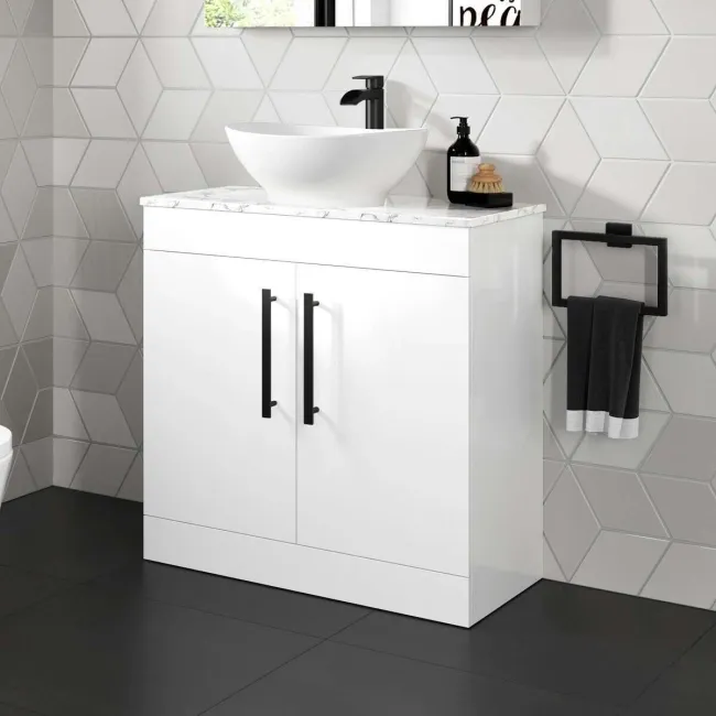 Avon Gloss White Vanity with Marble Top & Oval Counter Top Basin 800mm - Black Accents