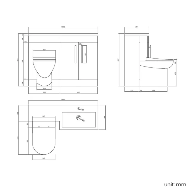Avon Gloss White Combination Vanity Basin and Aruba Toilet 1100mm - Black Accents - Right Handed