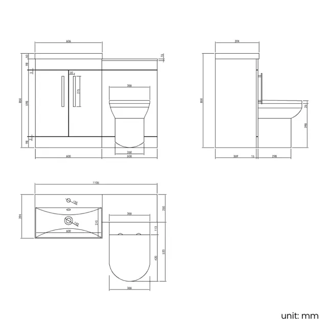 Avon Stone Grey Combination Vanity Basin and Miami Toilet 1100mm - Black Accents
