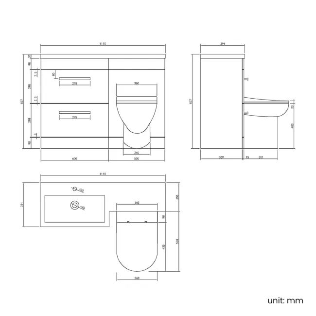 Avon Stone Grey Combination Basin Drawer and Aruba Toilet 1100mm - Black Accents - Left Handed
