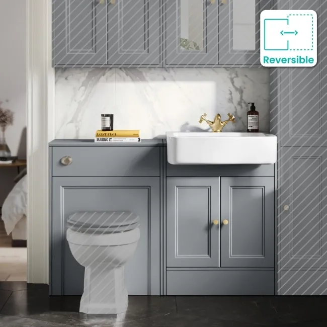Monaco Dove Grey Basin Vanity and Back To Wall Toilet Unit 1200mm (Excludes Pan & Cistern) - Brushed Brass Accents