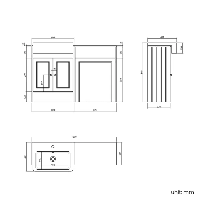 Monaco Chalk White Basin Vanity and Back To Wall Toilet Unit 1200mm (Excludes Pan & Cistern) - Brushed Brass Accents