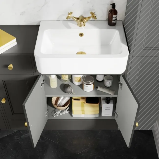 Monaco Graphite Grey Basin Vanity and Back To Wall Unit 1500mm (Excludes Pan & Cistern) - Brushed Brass Accents