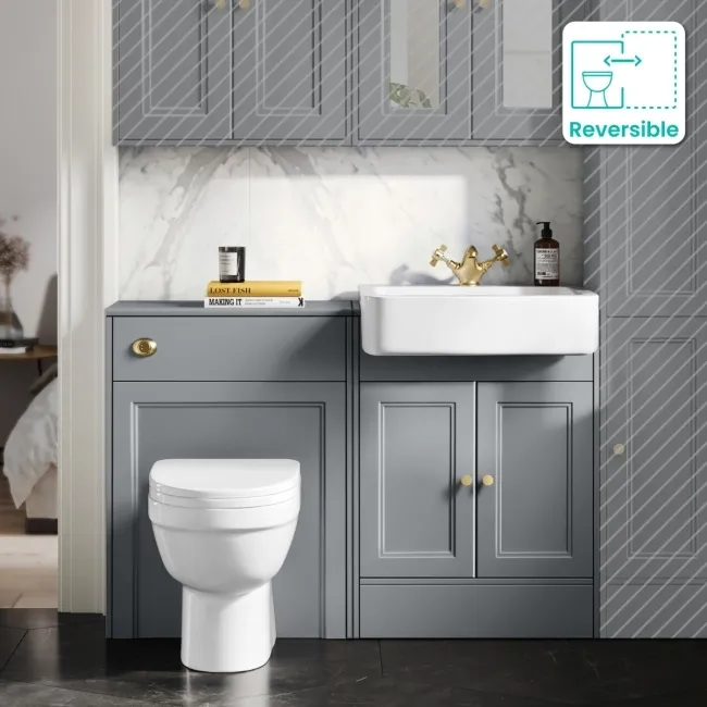 Monaco Dove Grey Combination Vanity Basin and Seattle Toilet 1200mm - Brushed Brass Accents