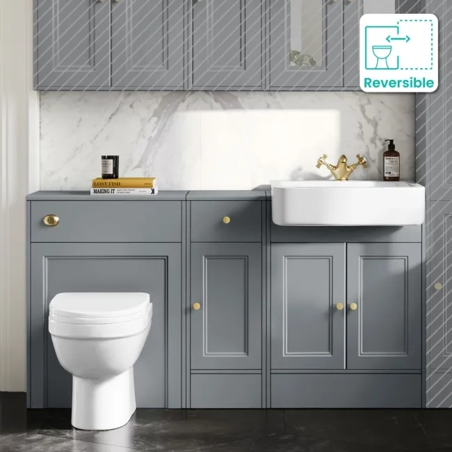 Monaco Dove Grey Combination Vanity Basin and Seattle Toilet 1500mm - Brushed Brass Accents
